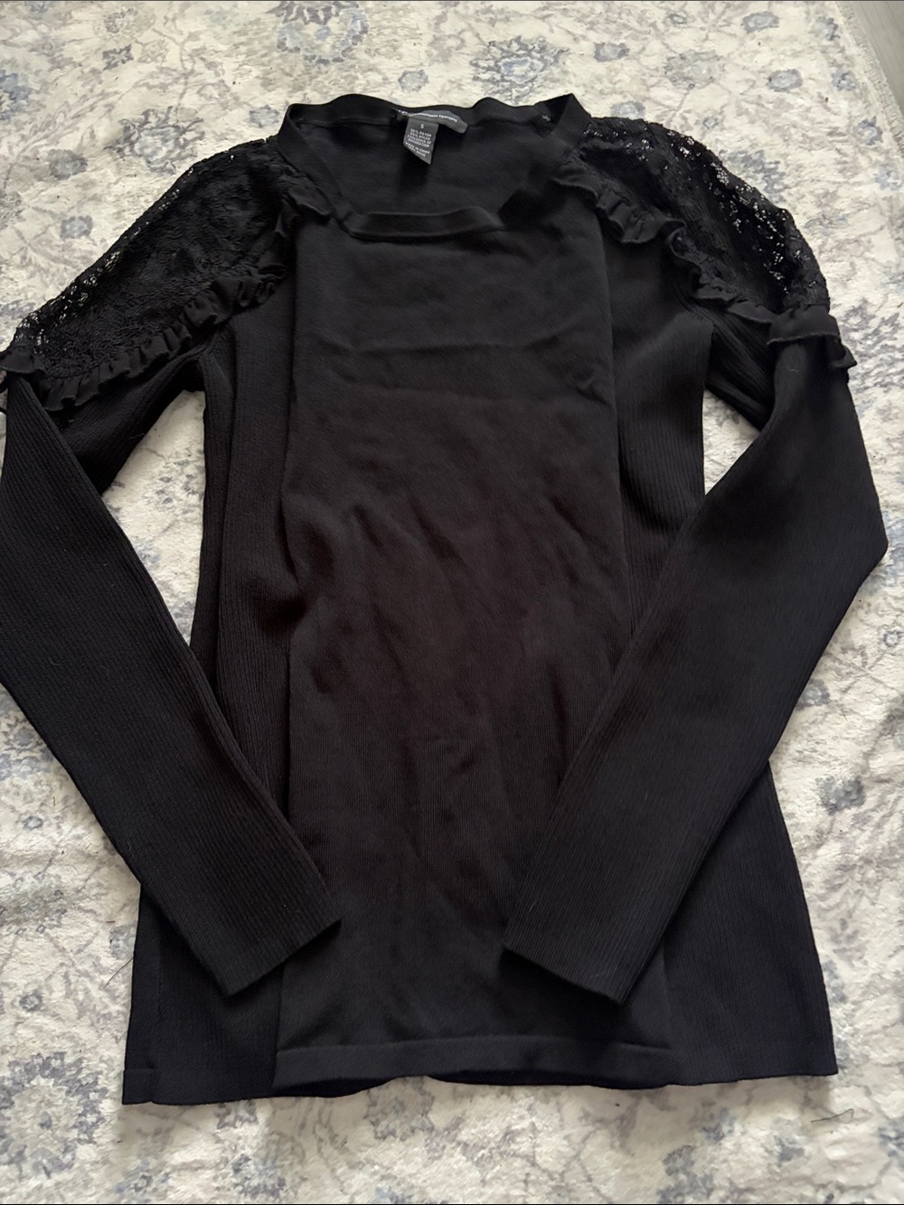 INC International Concepts Black Lace-Shoulder Ribbed Long-Sleeve Top